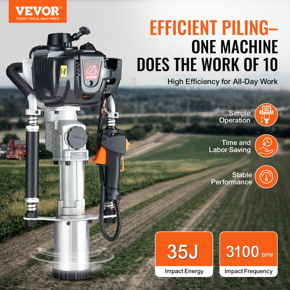 Vevor Post Driver 35J Impact Energy 37.77cc Gas-Powered 4-Stroke with 3 Piling Sleeves New