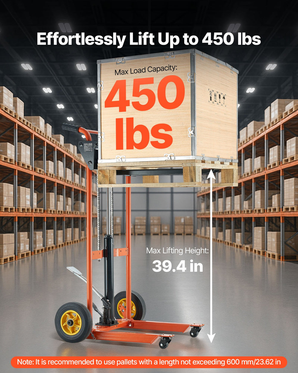 Vevor Hydraulic Material Lift Stacker with Fork Table 39.4 in. Max Lift 450 lbs New