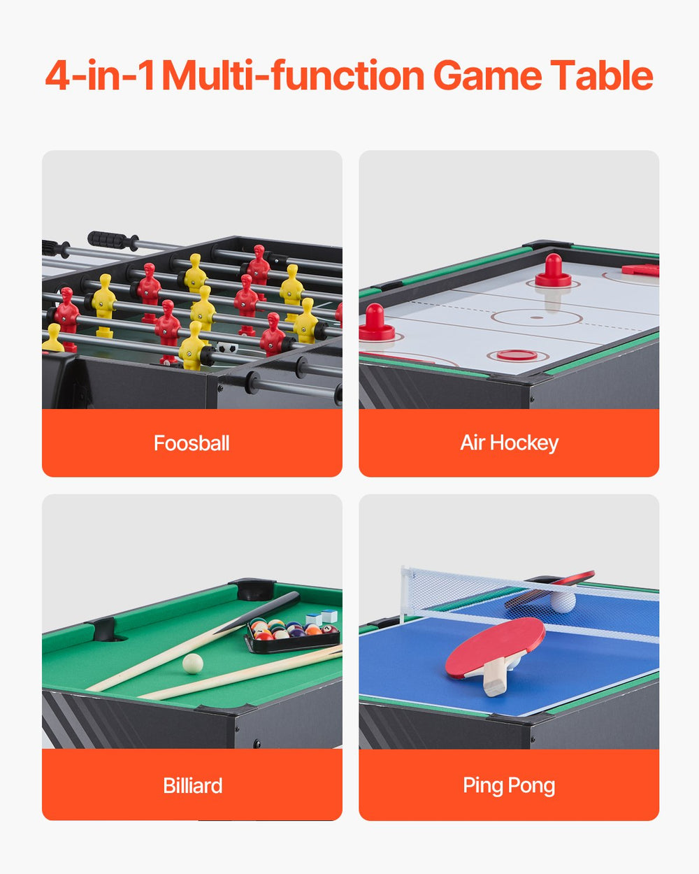 Vevor 4-in-1 Combo Game Table Hockey Foosball Ping Pong Billiards 48" New