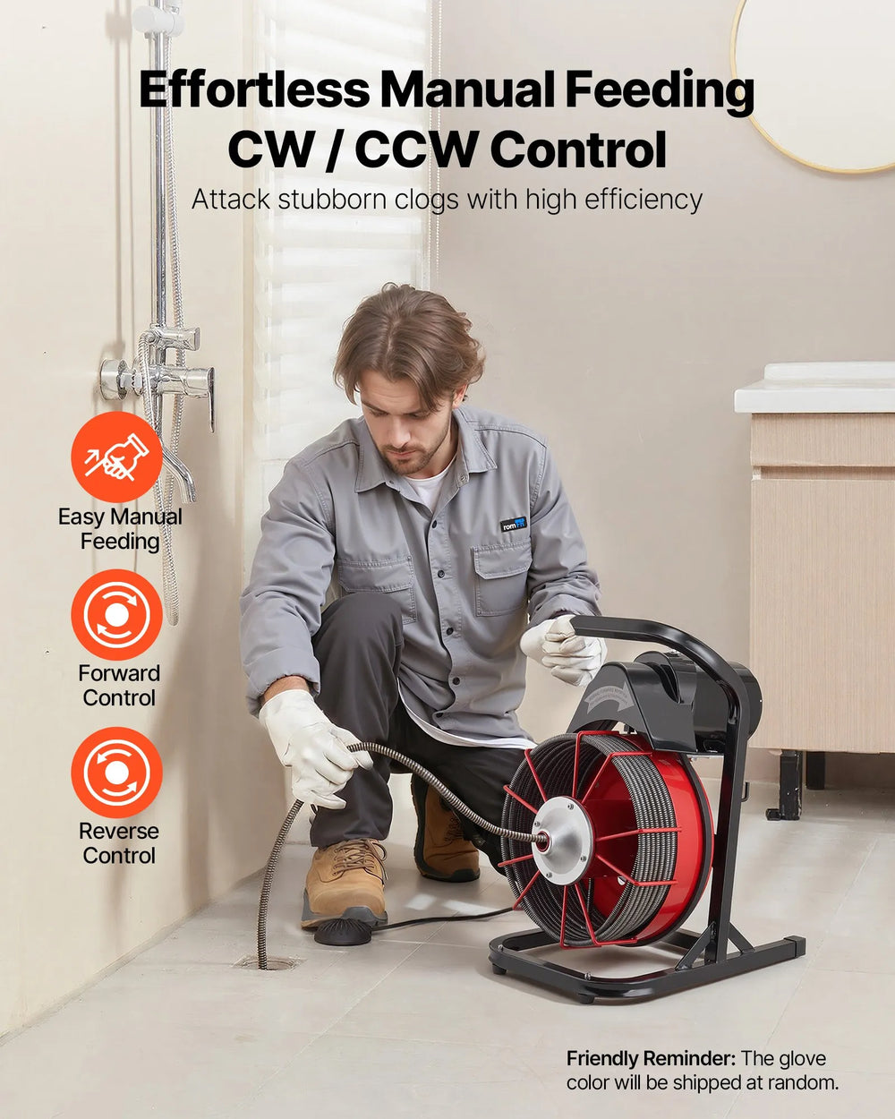 Vevor Drain Cleaner 3/8 in. x 75 ft. Manual Feed Open Drum with 4 Cutters Air Foot Switch New