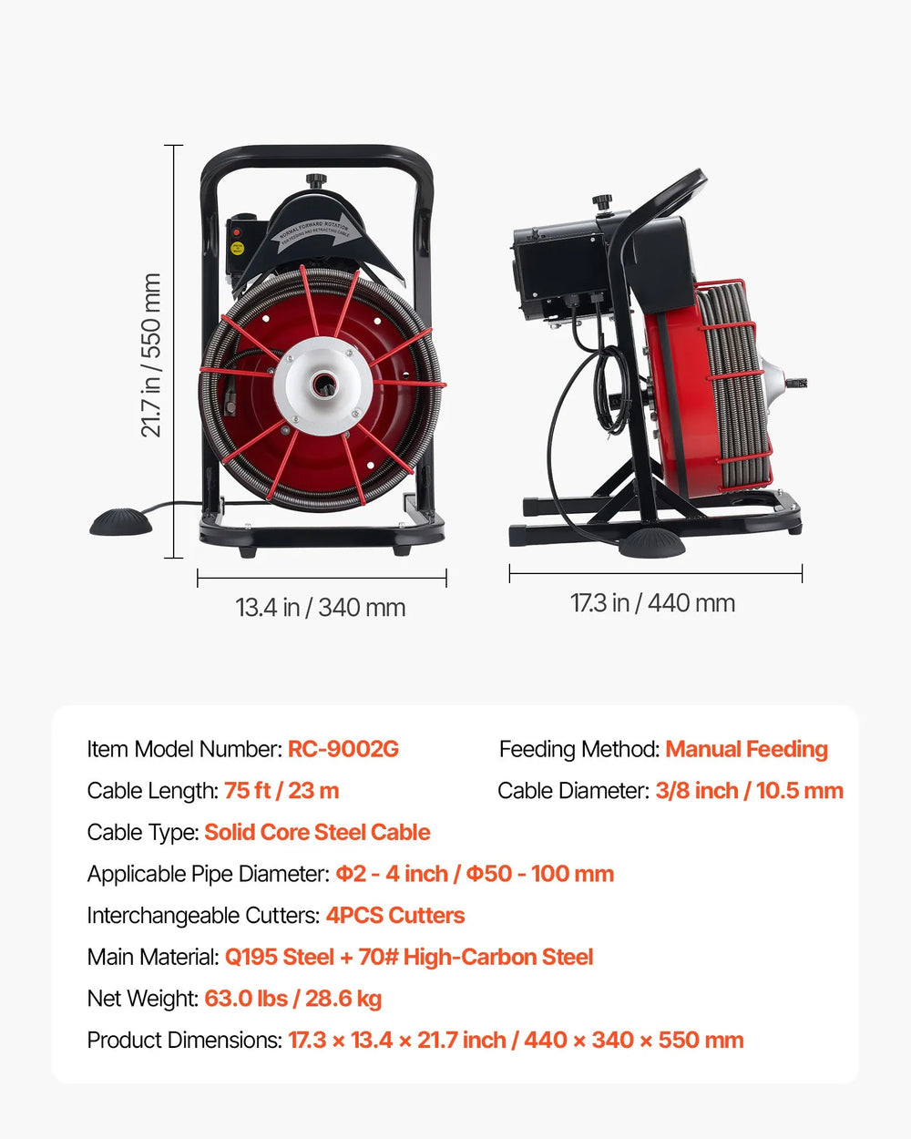 Vevor Drain Cleaner 3/8 in. x 75 ft. Manual Feed Open Drum with 4 Cutters Air Foot Switch New