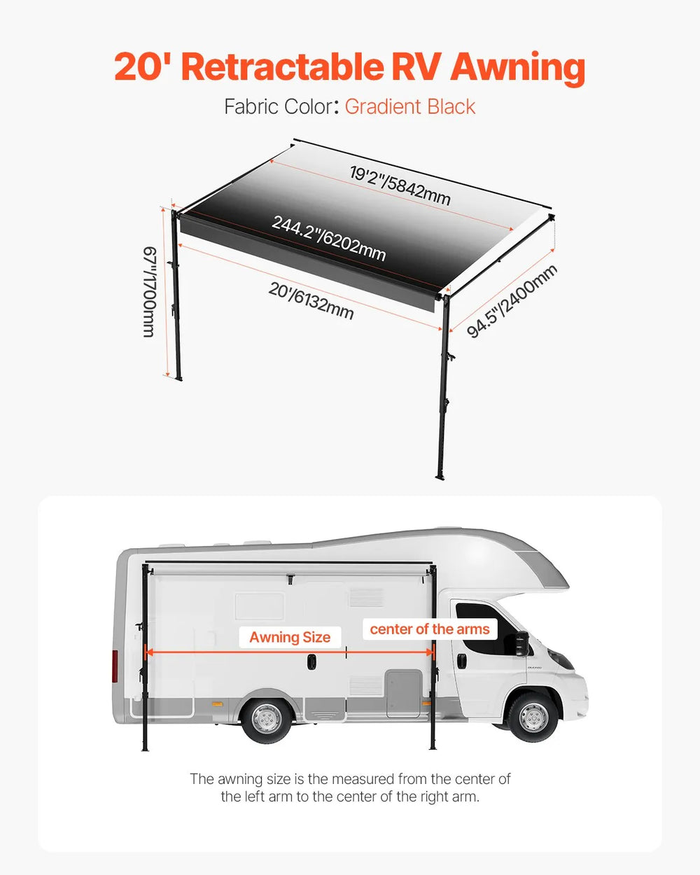 Vevor RV Awning Replacement 20 Ft. Manual Open/Close for DC12V Vehicles New