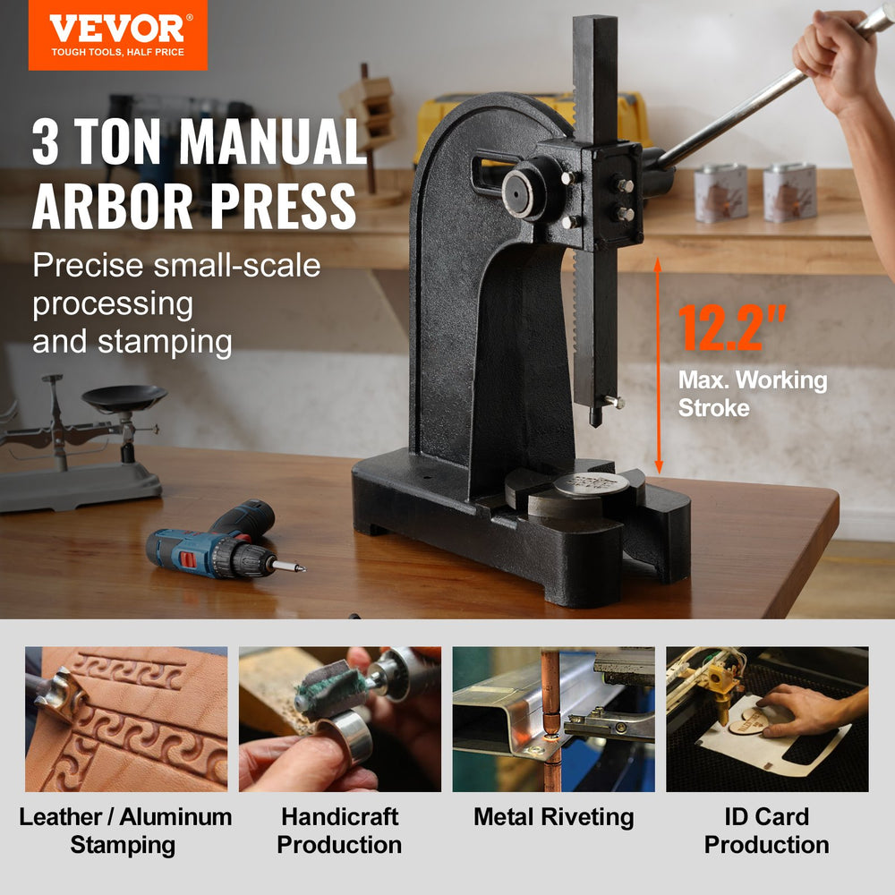 Vevor Arbor Press 3 Ton Manual Cast Iron 12.2" Max Height New