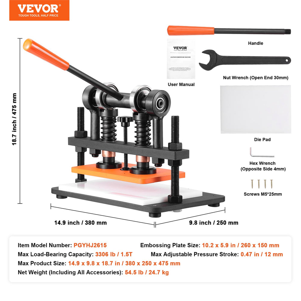 Vevor Leather Cutting Machine 10.2" x 5.9" Embossing Plate Manual Die Cutter 12mm Pressure Stroke New