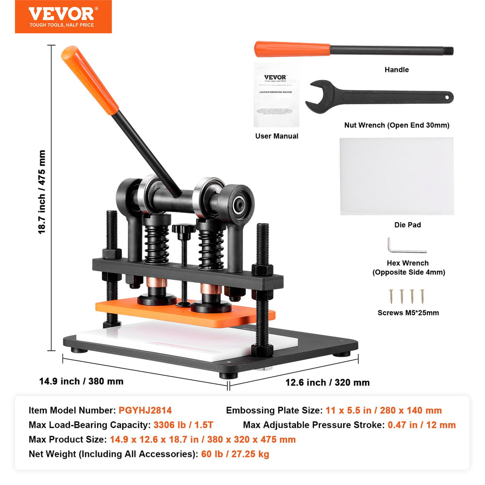 Vevor Leather Cutting Machine 11" x 5.5" Embossing Plate Manual Die Cutter 12mm Pressure Stroke New