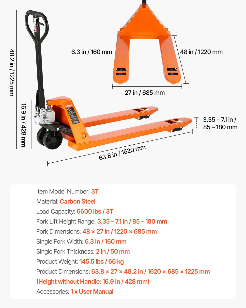 Vevor Manual Pallet Jack with 48" x 27" Forks 6600 Lbs Load Capacity New