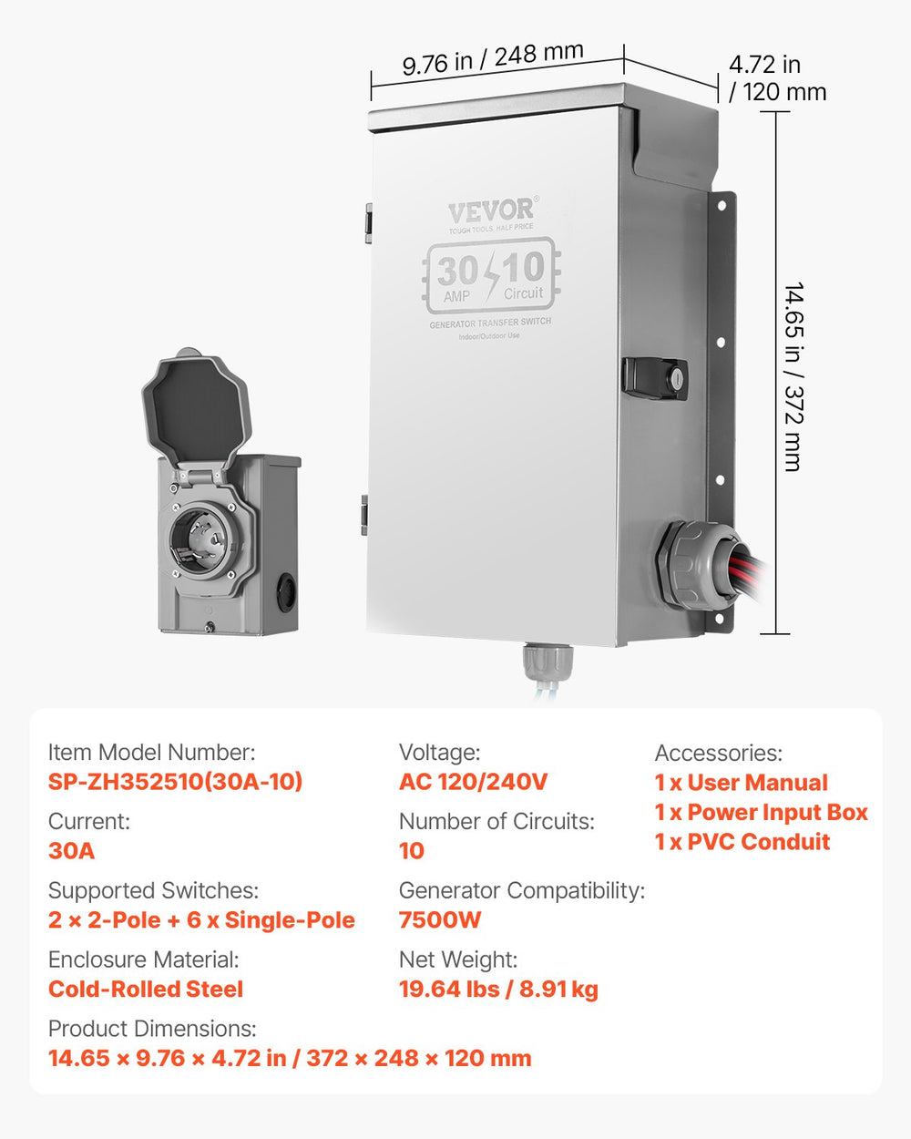 Vevor Manual Transfer Switch Kit 30A NEMA 3R 7500W 120/240V New