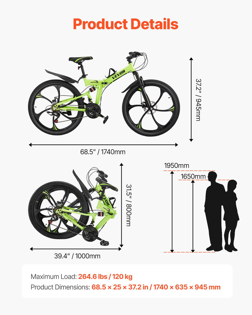 Vevor Folding Mountain Bike 26" Tires 21-Speed Full Suspension Dual Disc Brakes New