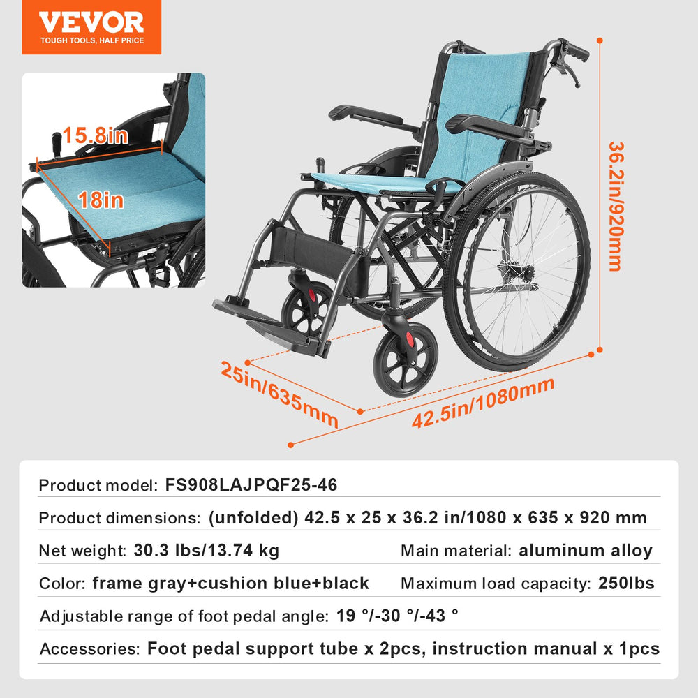 Vevor Wheelchair Foldable Ultra-Lightweight Aluminum Alloy 18" Seat 250 Lbs Capacity New