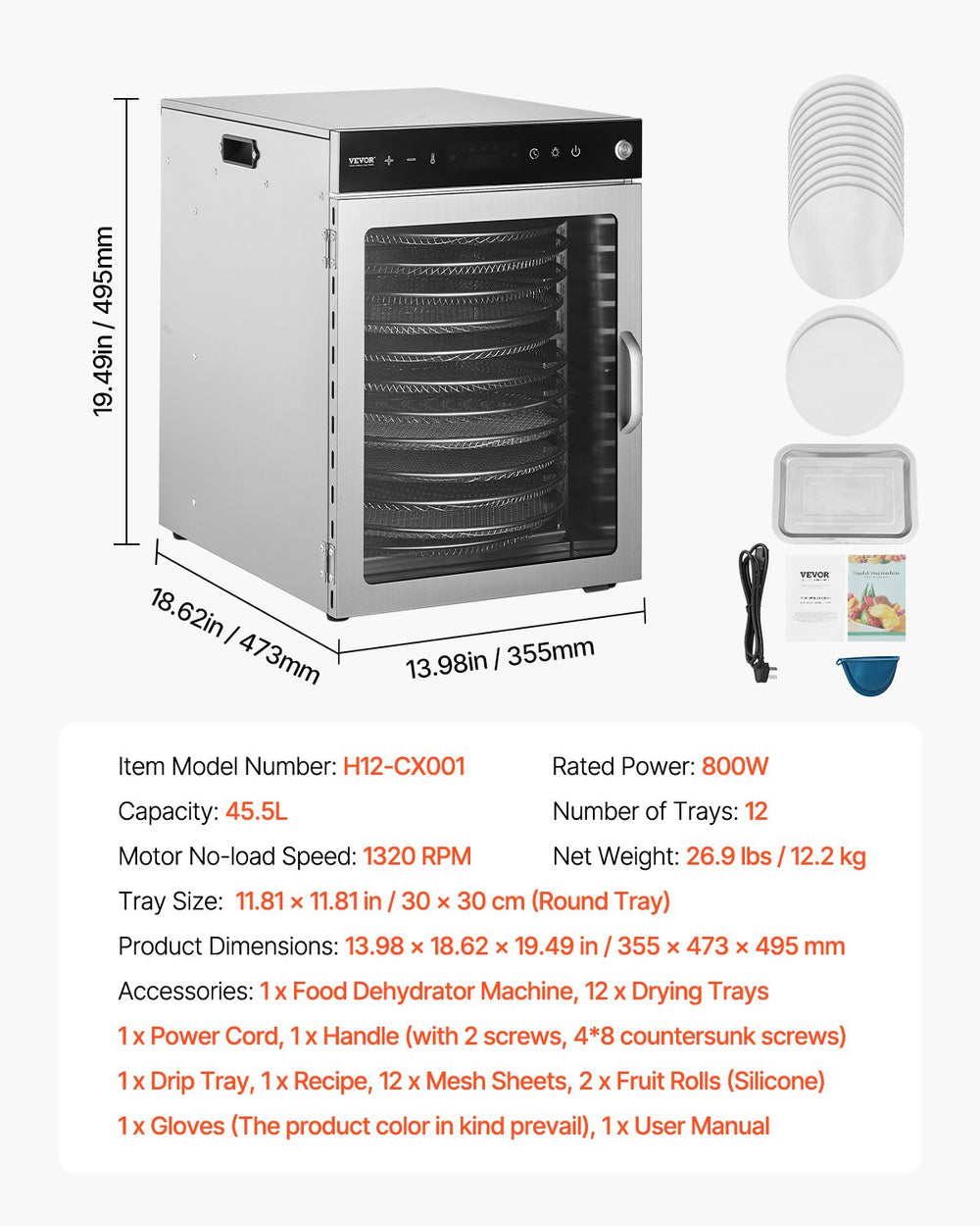 Vevor Rotary Food Dehydrator 12 Tray Machine Stainless Steel 800W New