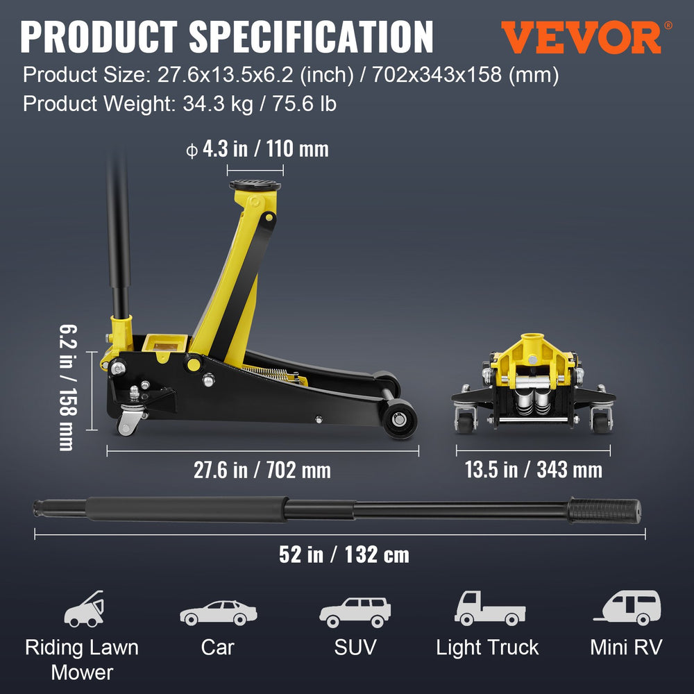 Vevor Low Profile Floor Jack 3 Ton Heavy Duty Steel Dual Piston New