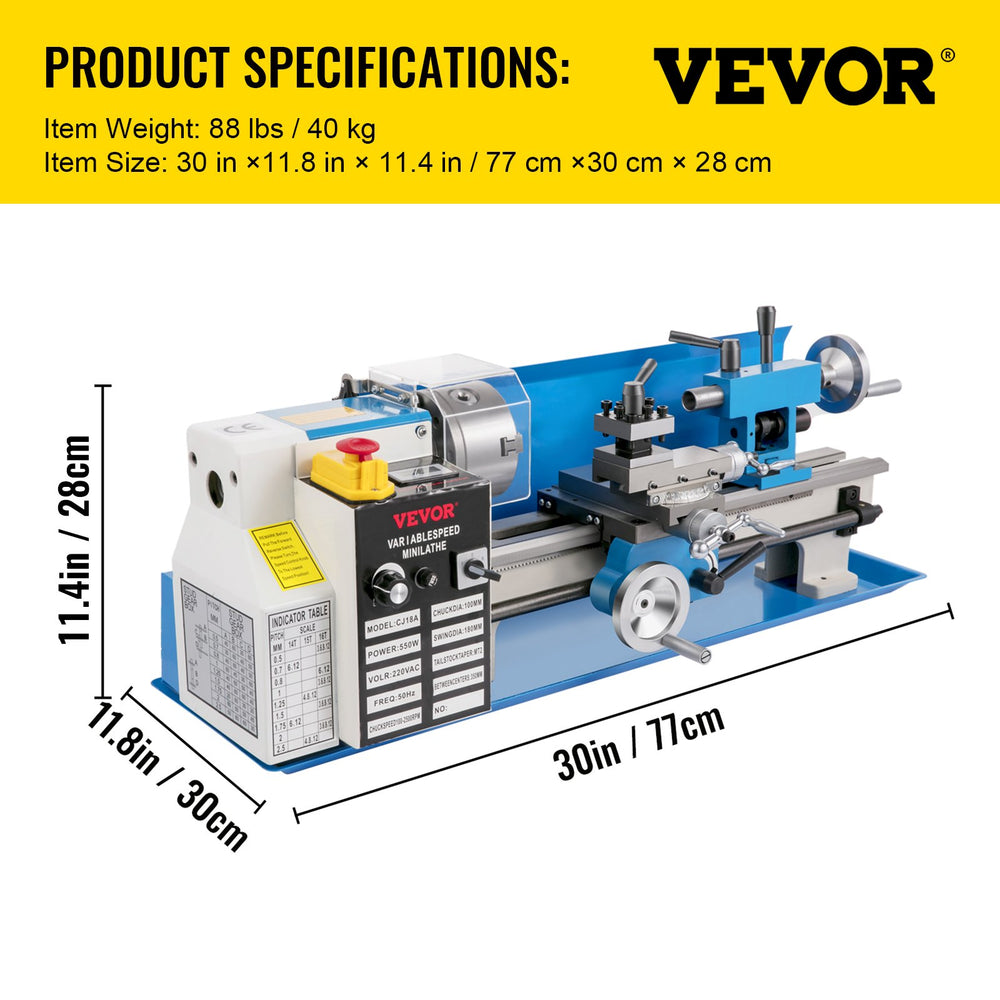 Vevor Mini Precision Metal/Wood Lathe 7" x 14" Variable Speed with Tailstock 3-Jaw Chuck 550W New