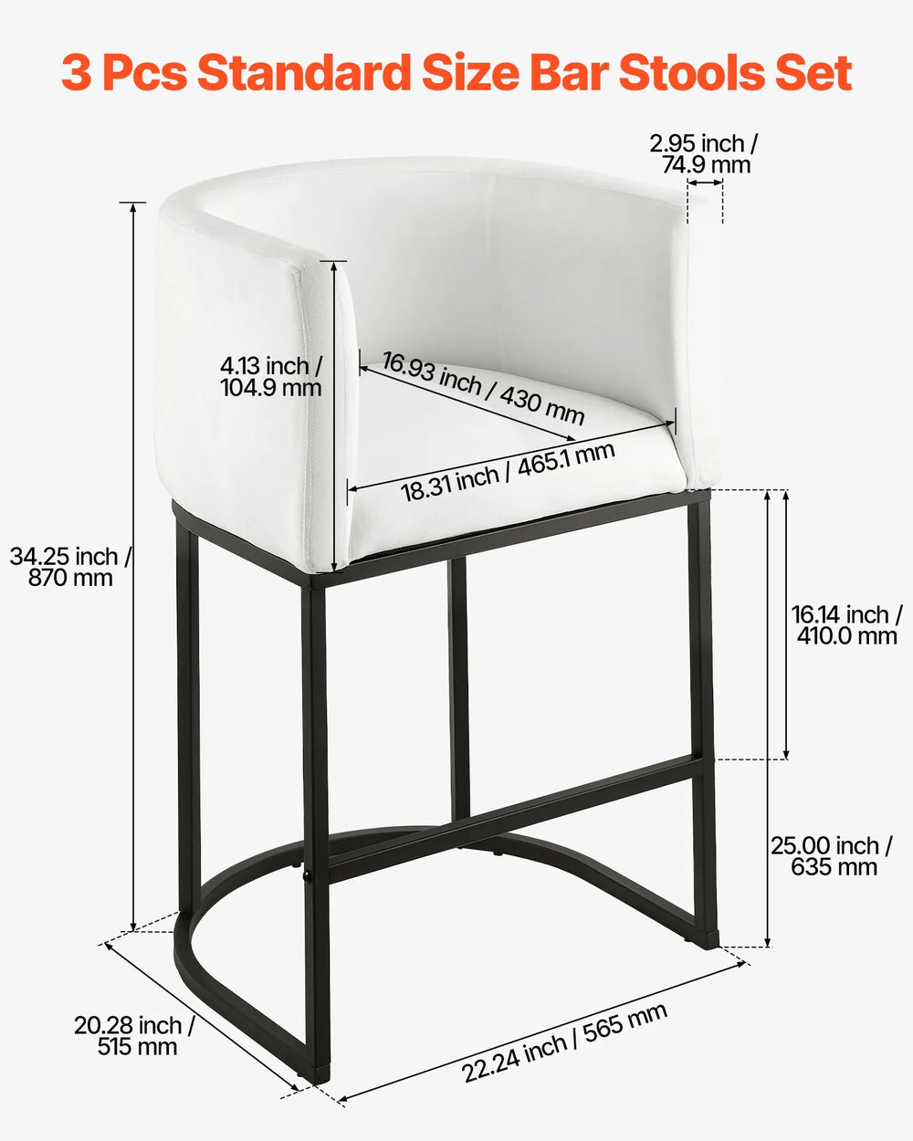 Vevor Bar Stools 25" Seat Height with Backrest Set of 3 New