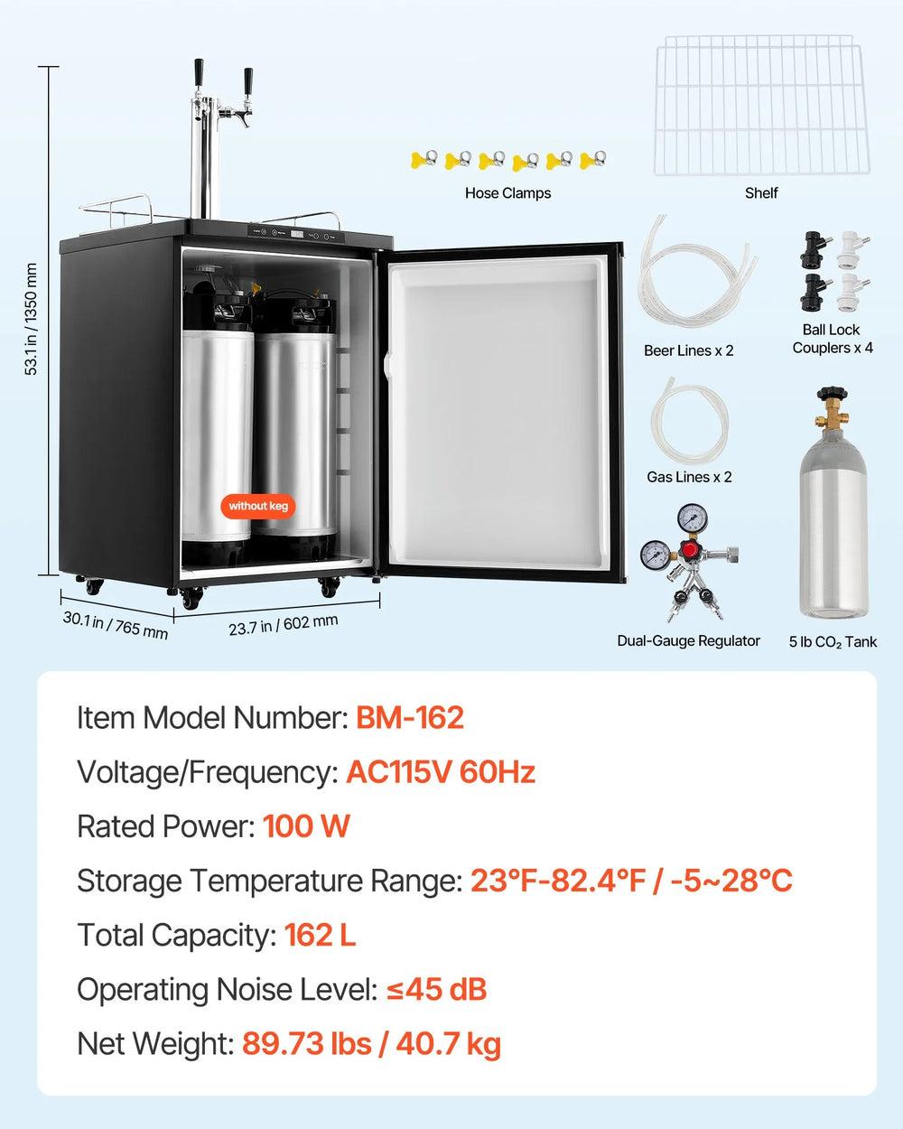 Vevor Beer Kegerator Dispenser Dual Tap Full Keg Capacity with CO2 Tank Temp Control New