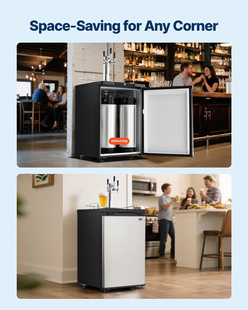 Vevor Beer Kegerator Dispenser Triple Tap Full Keg Capacity with CO2 Tank Temp Control New