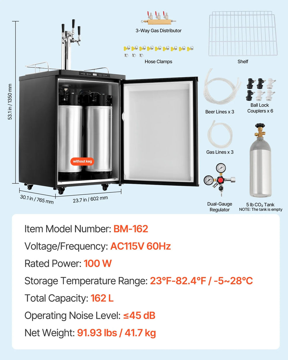 Vevor Beer Kegerator Dispenser Triple Tap Full Keg Capacity with CO2 Tank Temp Control New