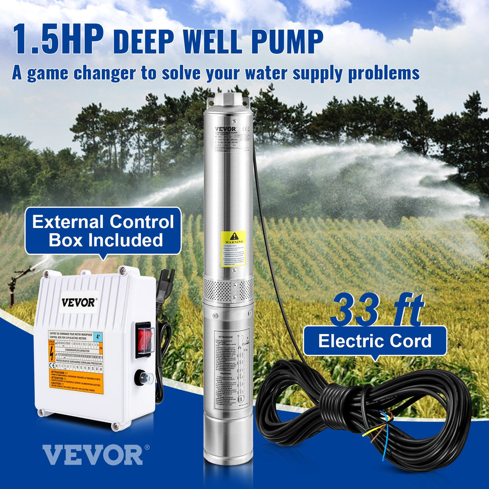 Vevor Deep Well Submersible Pump 1.5HP with External Control Box 37 GPM 276 Ft Head Lift New