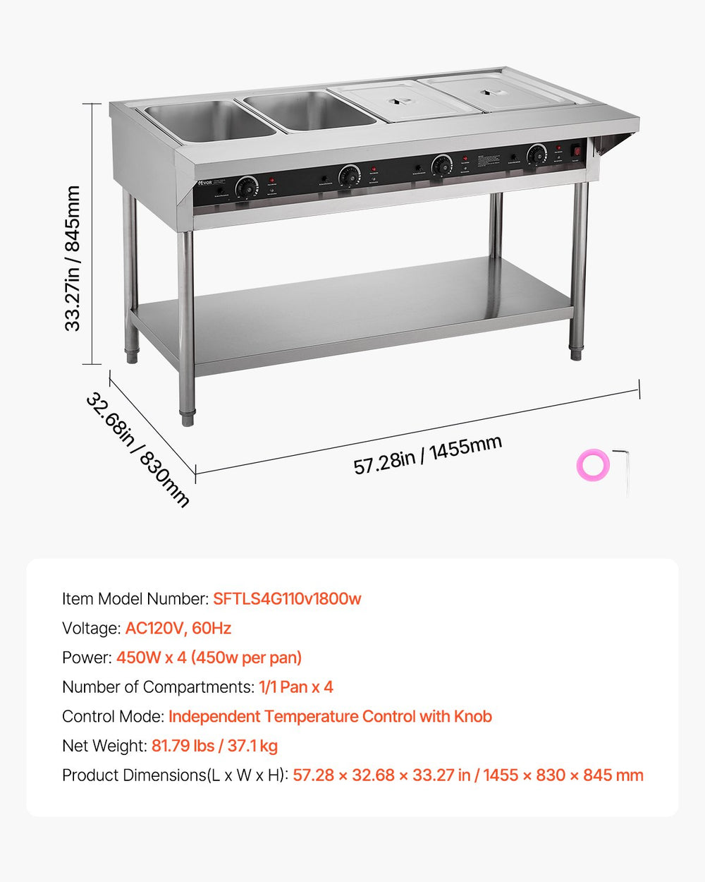 Vevor Commercial Food Warmer 4-Pan Steam Table with Independent Temp Control New