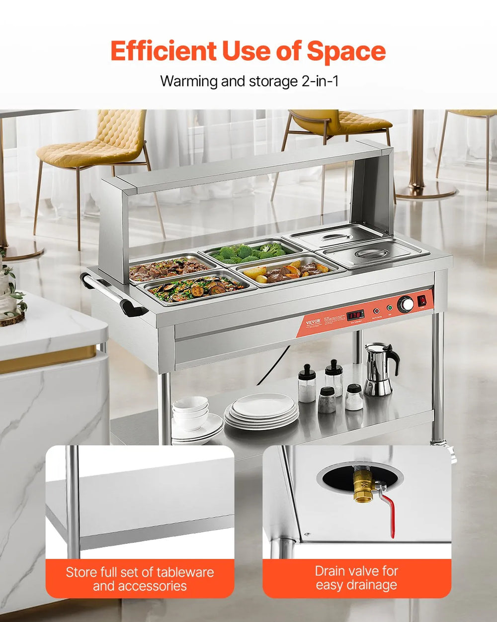 Vevor Commercial Electric Steam Table 6 × 1/2 Pans Warmer with Shield & Undershelf New