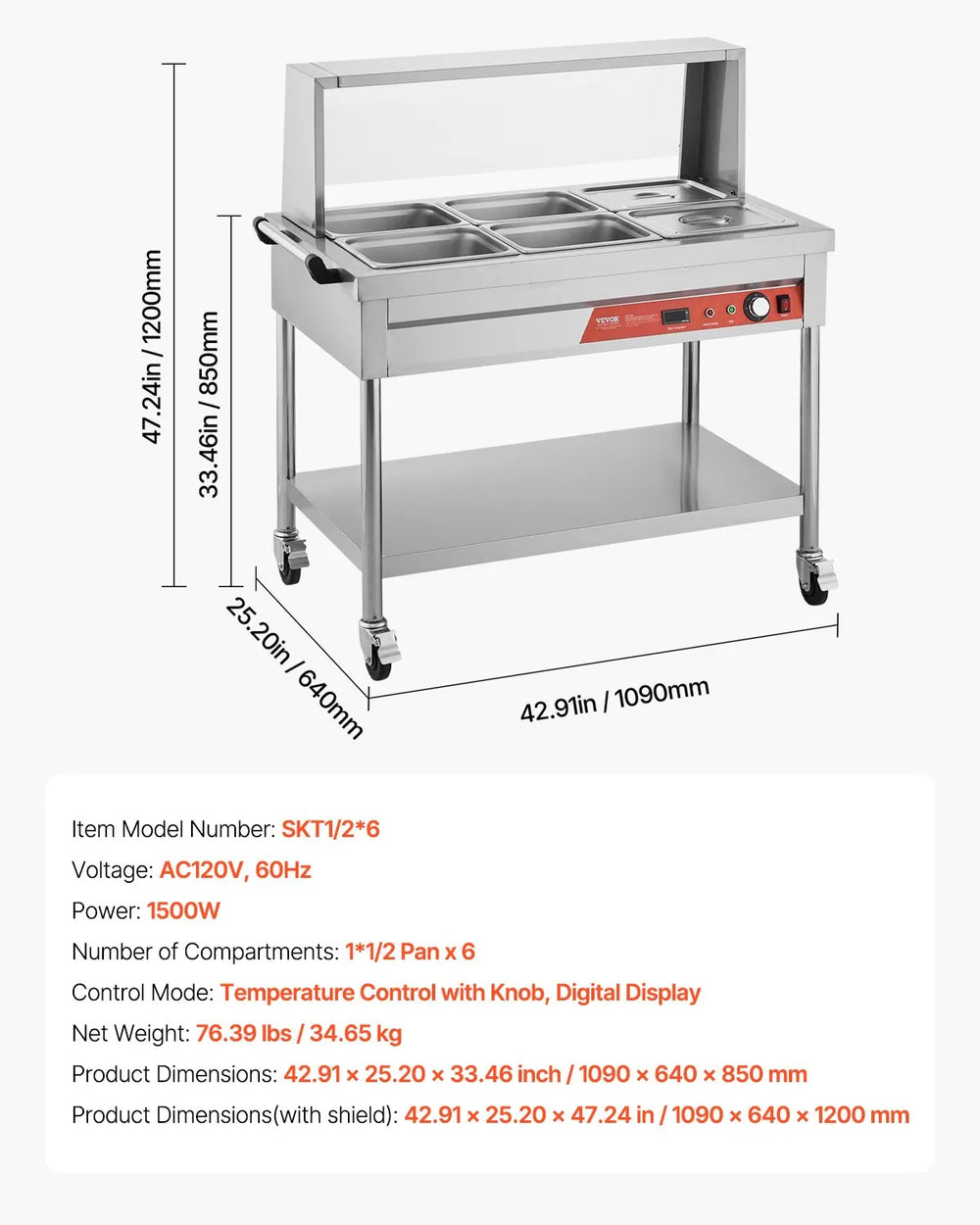 Vevor Commercial Electric Steam Table 6 × 1/2 Pans Warmer with Shield & Undershelf New