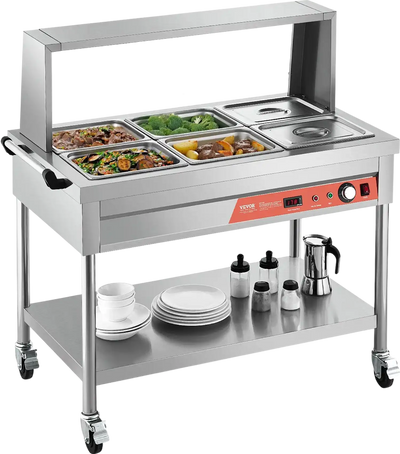 Vevor Commercial Electric Steam Table 6 × 1/2 Pans Warmer with Shield & Undershelf New