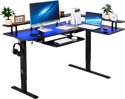 Vevor Electric Desk 63 x 43 in. L-Shaped with Keyboard Tray Light Strip and Power Strip New