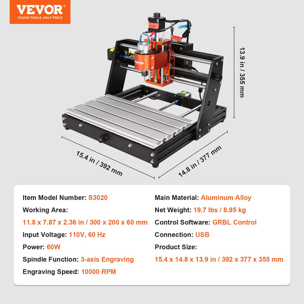 Vevor CNC Router Engraving Machine 60W 3 Axis GRBL Control with Accessories New