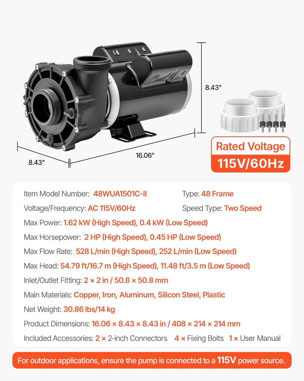 Vevor Spa Pump 2 HP Two Speed 139.5 GPM & 66.5 GPM 48-Frame 115V New