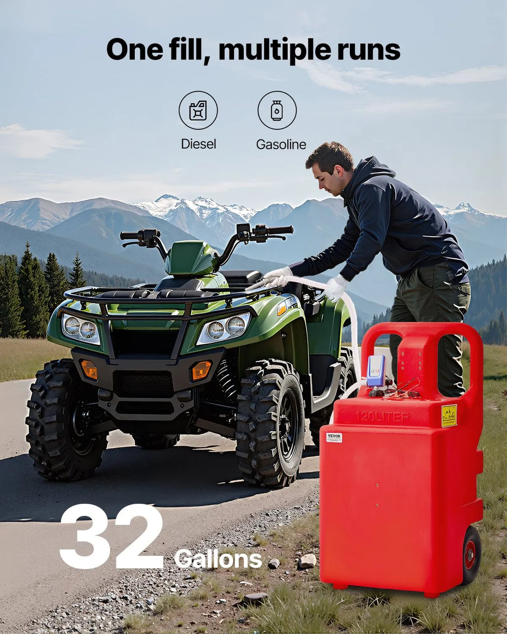 Vevor Plastic Fuel Caddy 32 Gallon Gasoline Diesel Tank with Electric Pump 2.5 GPM 12V New