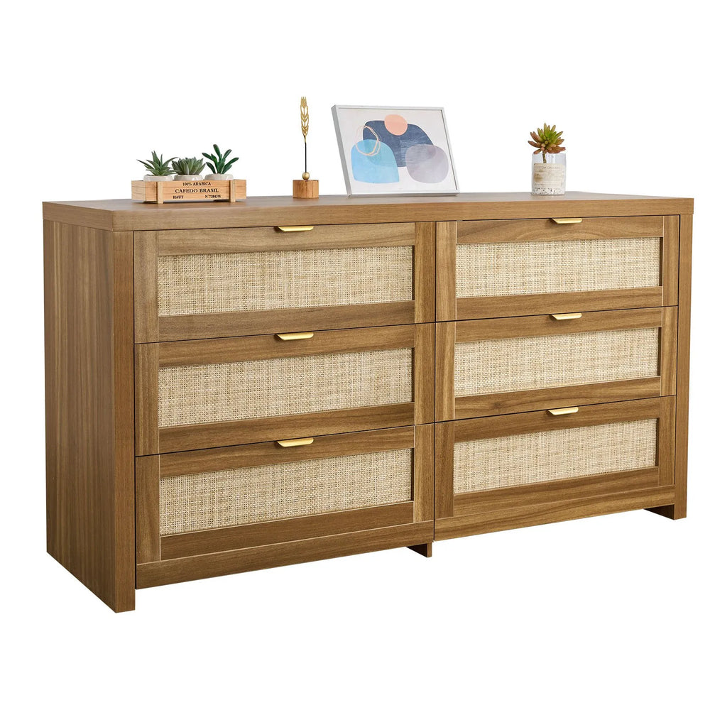 Vevor Double Dresser 59 in. 6-Drawer Rattan with Metal Handles New