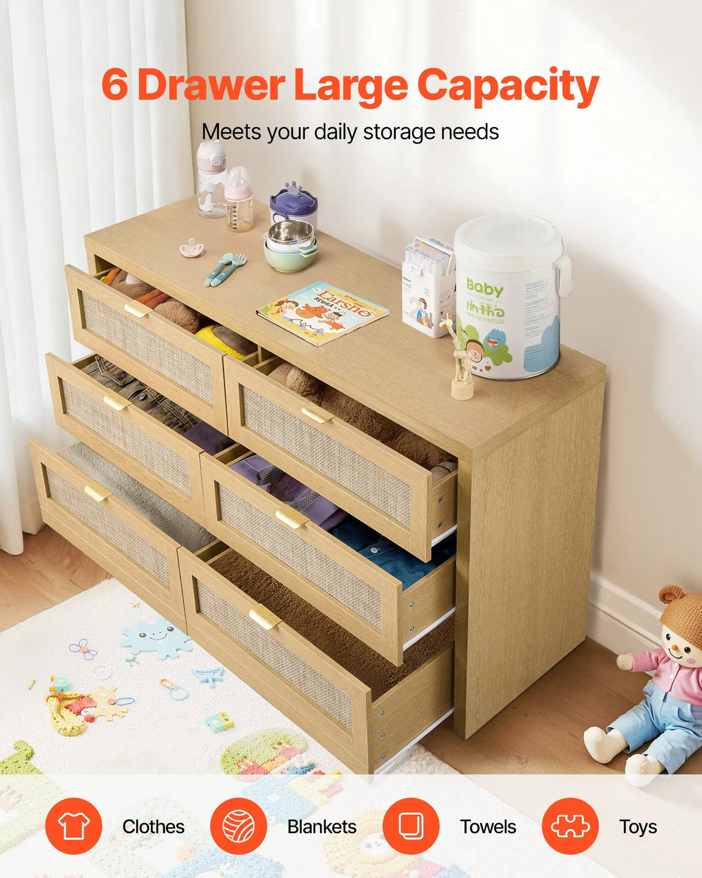 Vevor Double Dresser 59 in. 6-Drawer Rattan with Metal Handles New