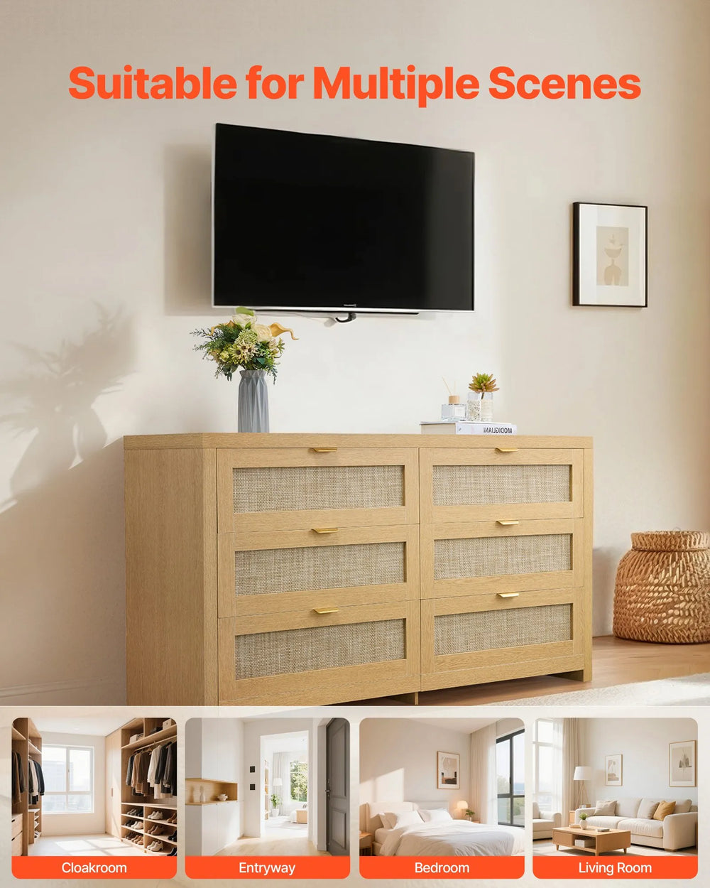 Vevor Double Dresser 59 in. 6-Drawer Rattan with Metal Handles New