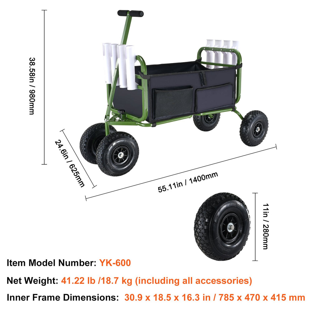 Vevor Beach Fishing Cart 300 lbs. Capacity 11" Balloon Tires Heavy-Duty Steel with 8 Rod Holders New