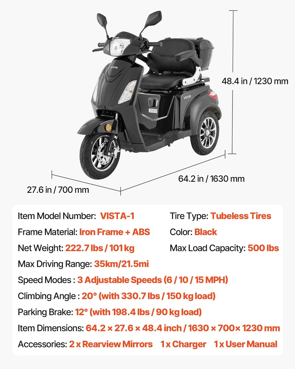 Vevor Mobility Scooter 3-Wheel 15 MPH 21.5 Mile Range 60V 1000W New