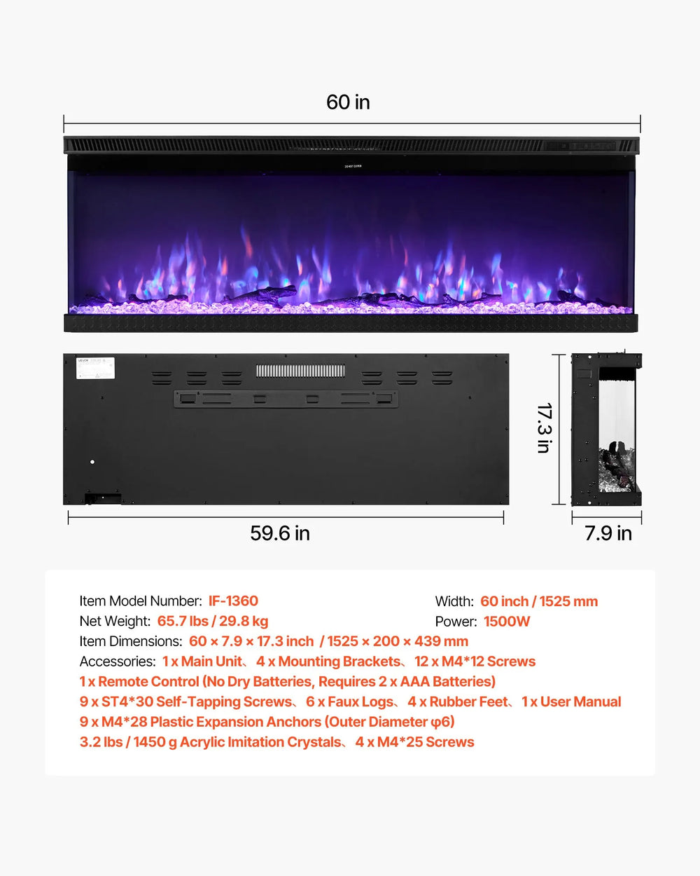 Vevor Electric Fireplace 60" Three-Sided Glass Adjustable Flame 2 Heat Levels 1500W New