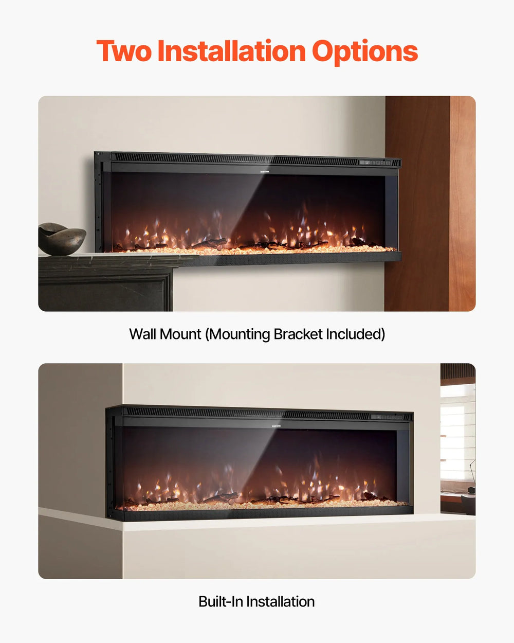Vevor Electric Fireplace 72" Three-Sided Glass Adjustable Flame 2 Heat Levels 1500W New