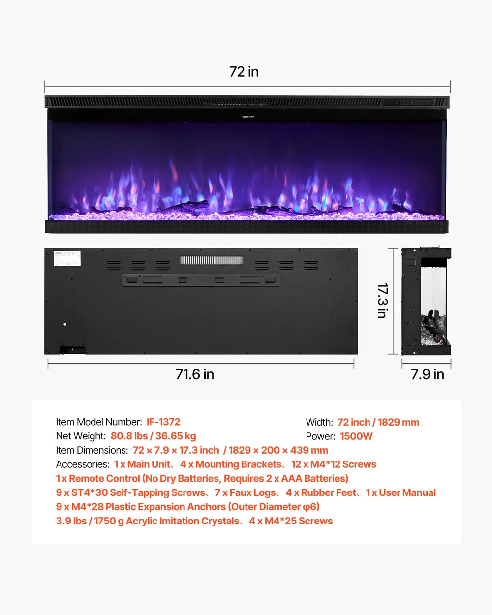 Vevor Electric Fireplace 72" Three-Sided Glass Adjustable Flame 2 Heat Levels 1500W New