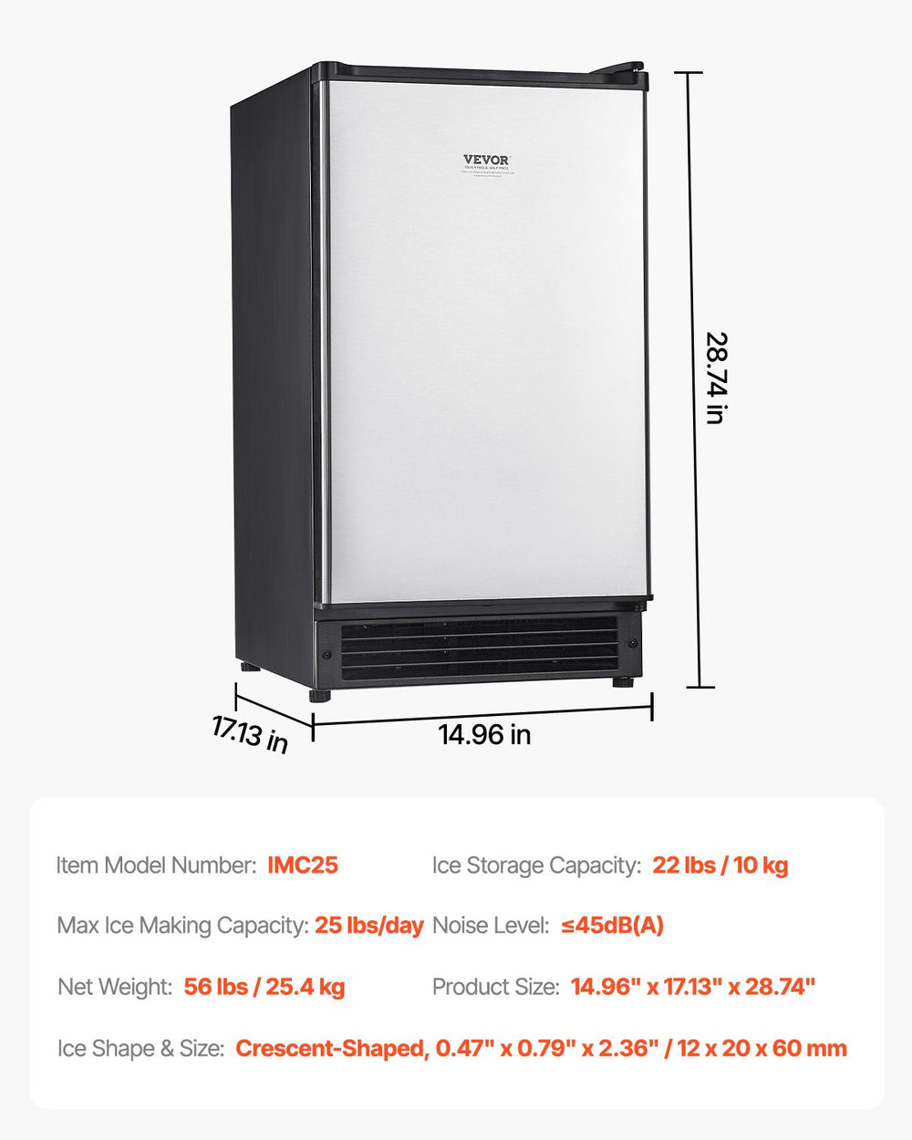 Vevor Undercounter Ice Maker 25 Lbs/Day with 22 Lbs Storage Bin New