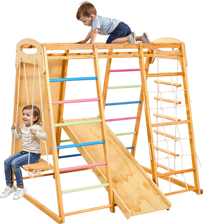 Vevor Wooden Playground Jungle Gym 7-in-1 Indoor Climbing Playset 250 lb. Capacity New