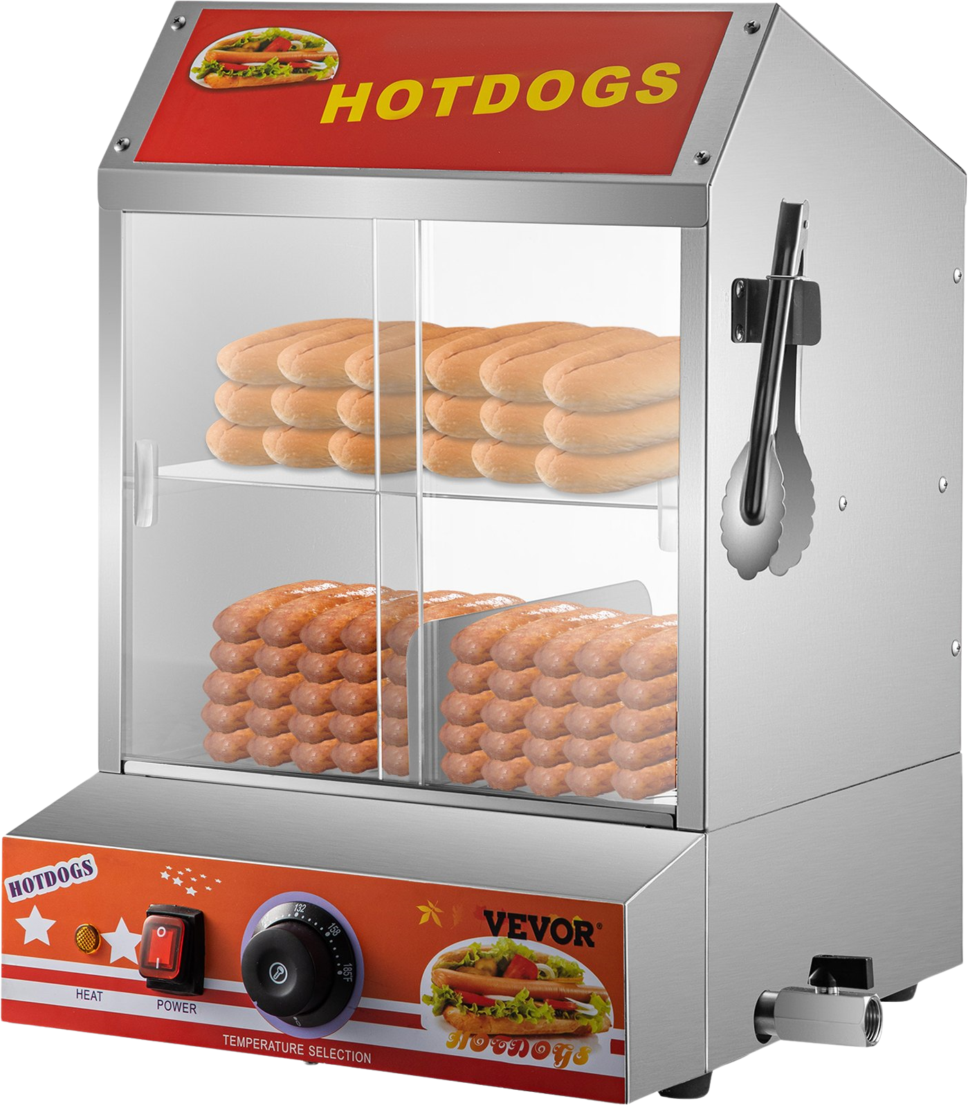 Vevor Hot Dog Steamer 2-Tier Electric Warmer with Glass Slide Doors 24.5QT Capacity New