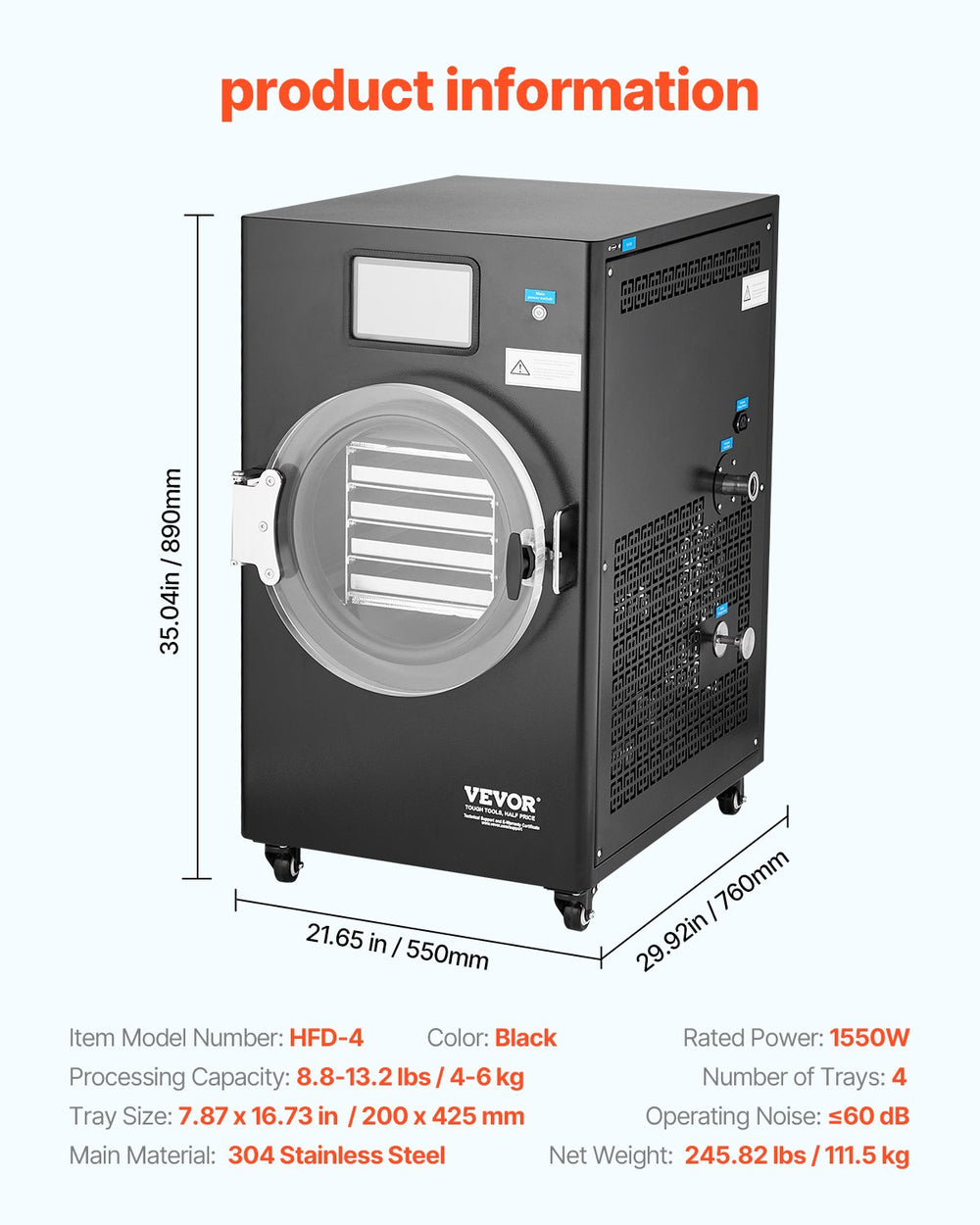 Vevor Freeze Dryer 4 Layer with Pump 8-13 Lbs Capacity 1550W New