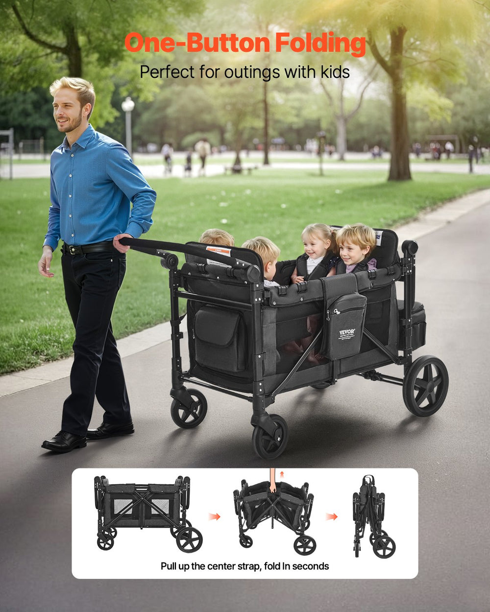 Vevor Wagon Stroller for 4 Kids Collapsible Push Pull 330lbs Capacity New