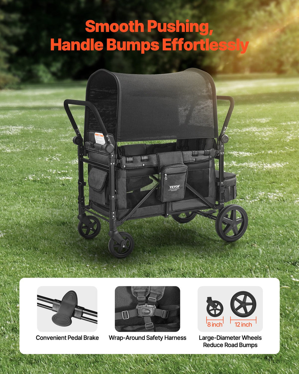 Vevor Wagon Stroller for 4 Kids Collapsible Push Pull 330lbs Capacity New