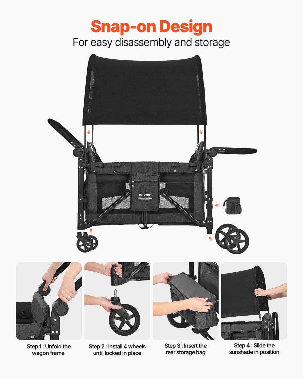 Vevor Wagon Stroller for 4 Kids Collapsible Push Pull 330lbs Capacity New