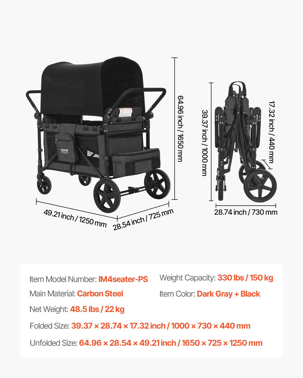 Vevor Wagon Stroller for 4 Kids Collapsible Push Pull 330lbs Capacity New