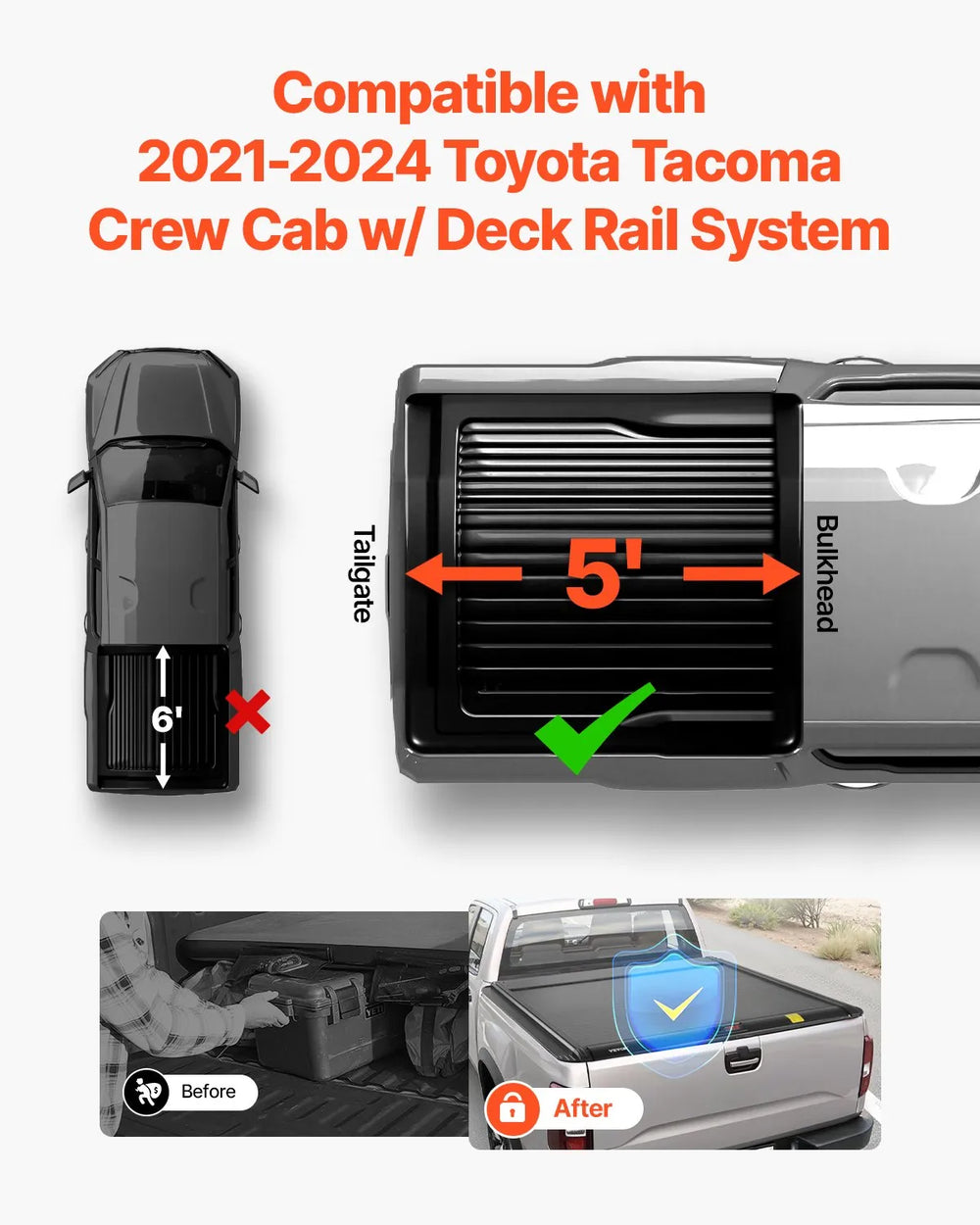 Vevor Retractable Tonneau Hard Cover 5 Ft. for Toyota Tacoma New
