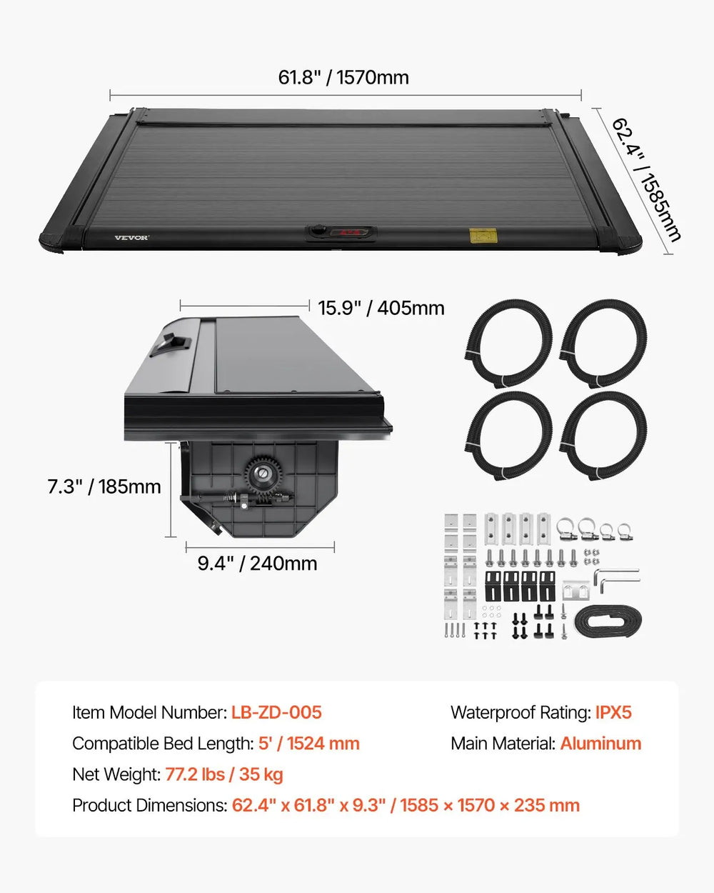 Vevor Retractable Tonneau Hard Cover 5 Ft. for Toyota Tacoma New