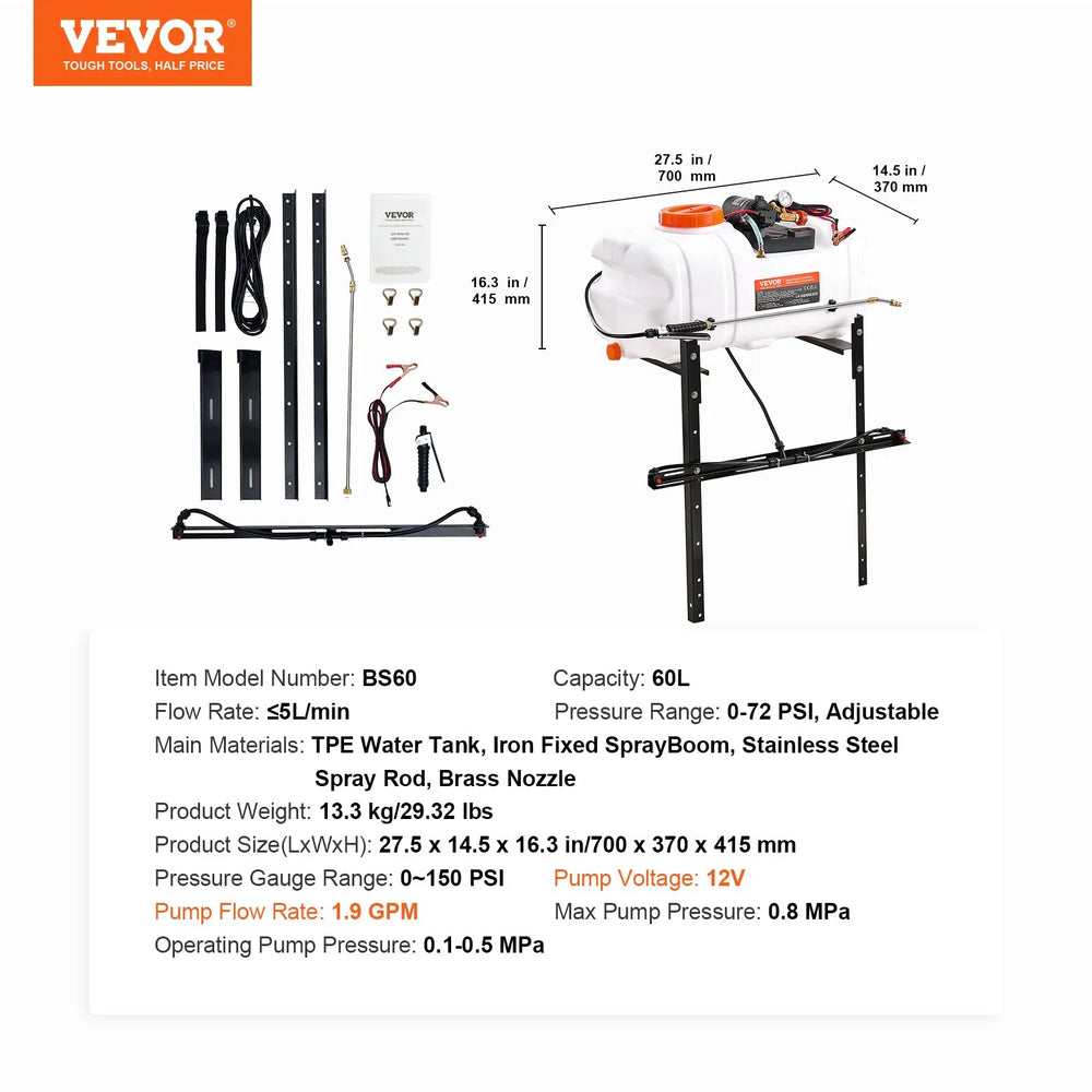 Vevor ATV Broadcast Spot Sprayer 15.9 Gal 1.9 GPM with 20' Hose 12V Pump New