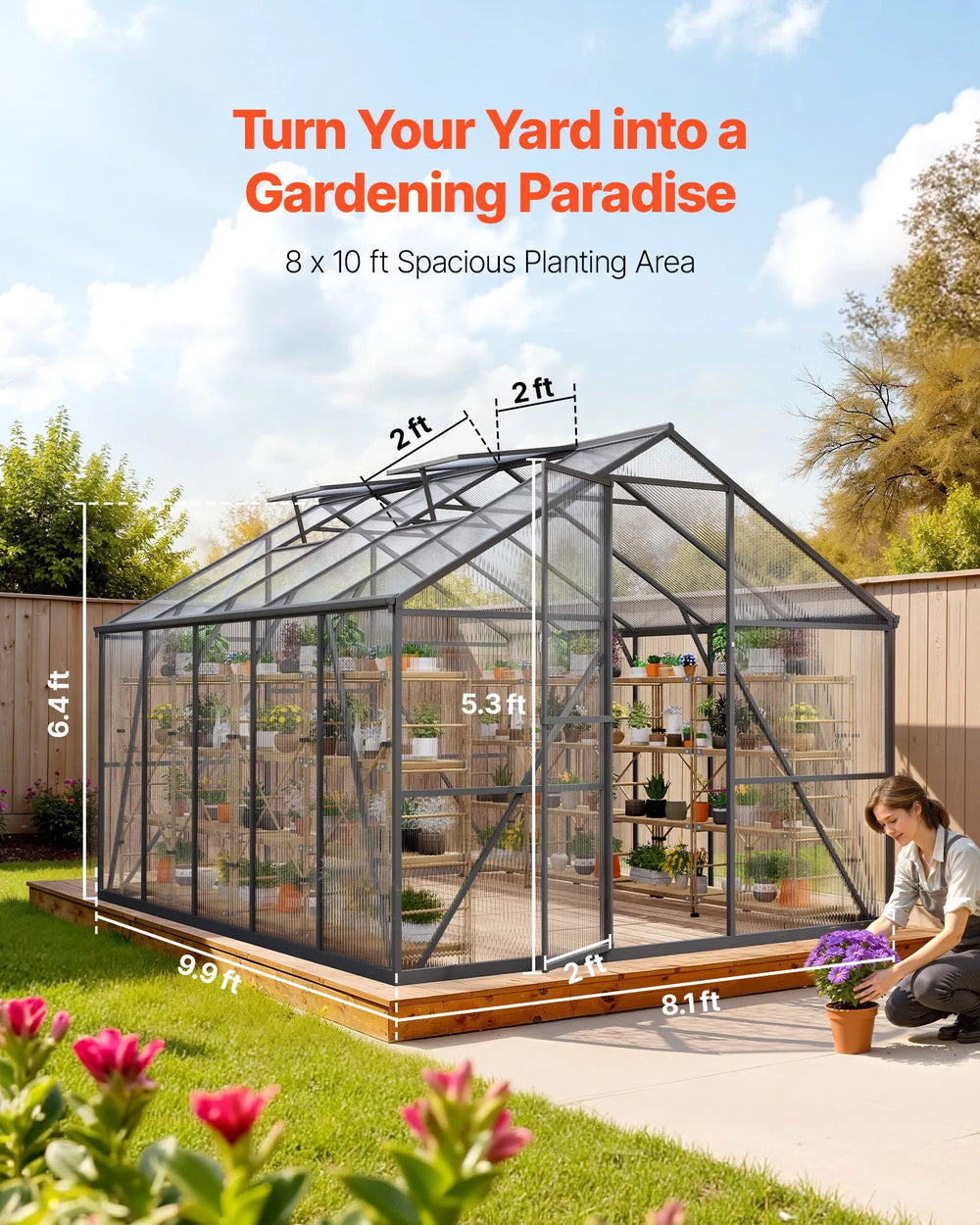 Vevor Greenhouse 8 x 10 Ft. Polycarbonate with Adjustable Vents Lockable Door New