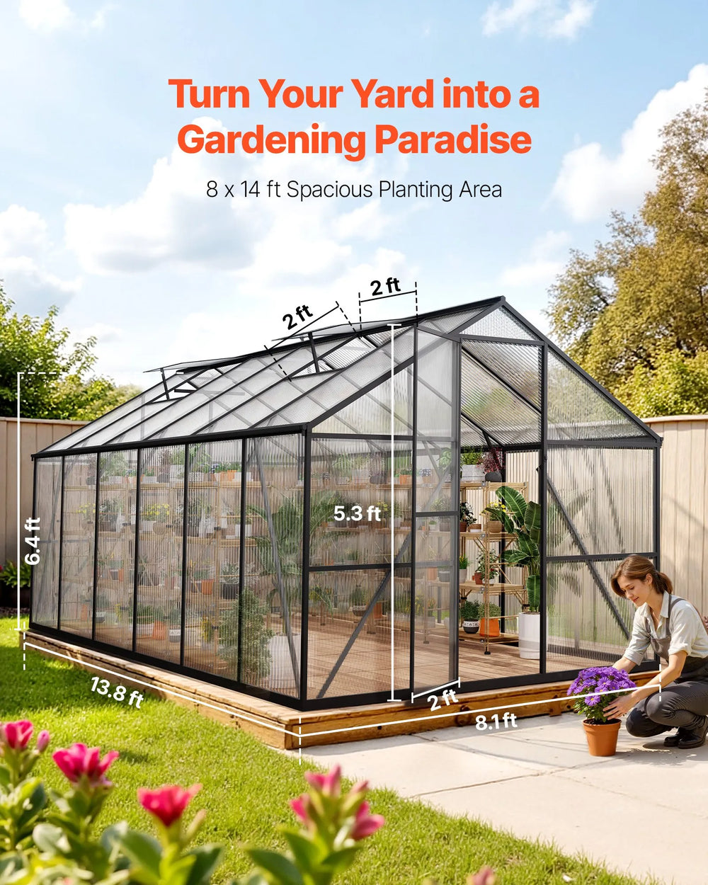 Vevor Greenhouse 8 x 14 Ft. Polycarbonate with Adjustable Vent Lockable Door New